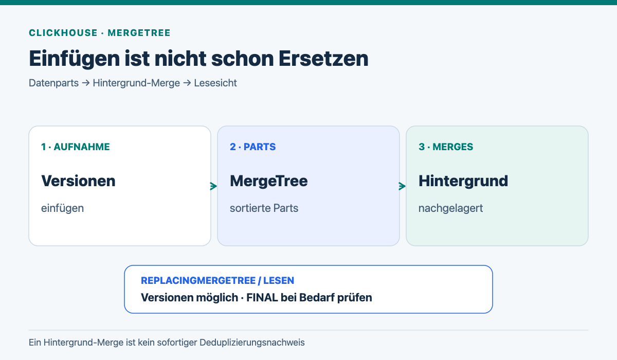ClickHouse-Datenweg von eingefügten Versionen über MergeTree-Parts zu Hintergrund-Merges; vor dem Merge können Versionen sichtbar sein, FINAL ist bei Bedarf eine Leseregel.